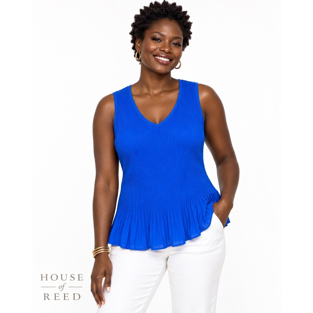 Roz & Ali Royal Blue Pleated V-Neck Sleeveless Peplum Blouse Petite Large